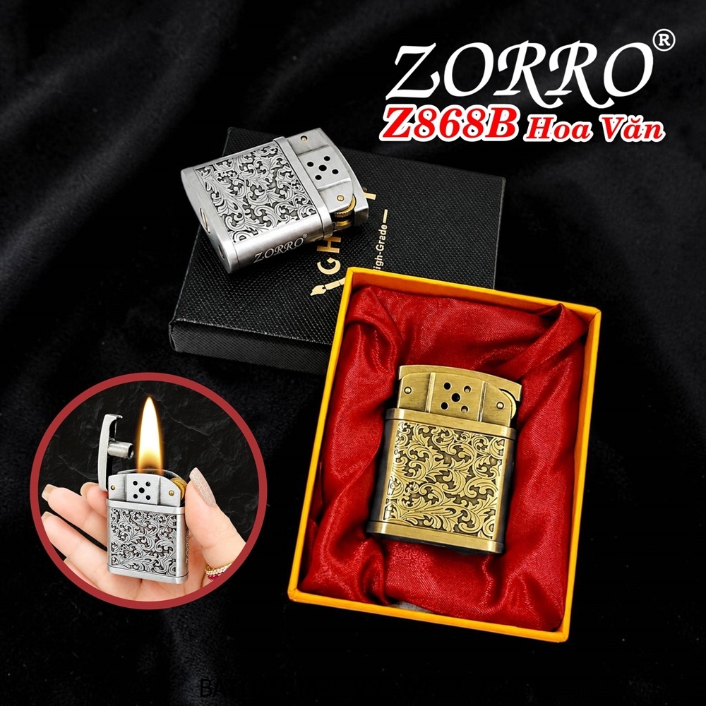 BẬT LỬA XĂNG ĐÁ ZORRO Z868B HÌNH HOA VĂN (CÓ HỘP) - (XÀI XĂNG)