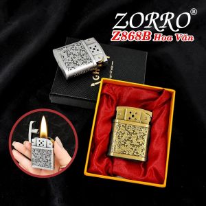 BẬT LỬA XĂNG ĐÁ ZORRO Z868B HÌNH HOA VĂN (CÓ HỘP) - (XÀI XĂNG)