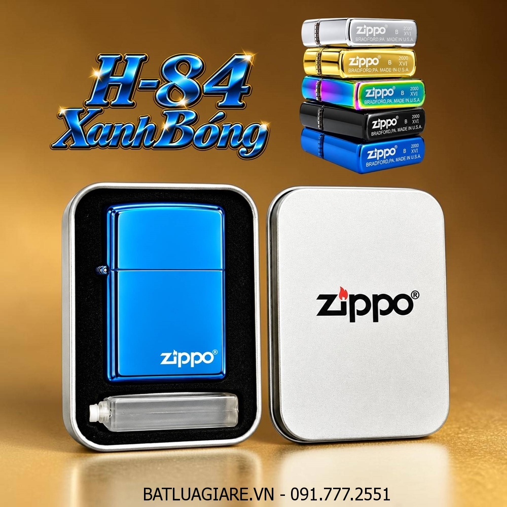 BẬT LỬA ZIPPO TRƠN BÓNG (CÓ MỘC ĐÁY) (HỘP THIẾC KÈM XĂNG) #XANH BÓNG H-84