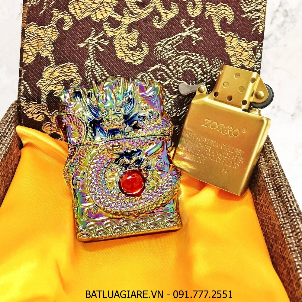 BẬT LỬA ZIPPO ZORRO BỌC GIÁP RỒNG NỔI CẨN NGỌC - RUỘT VÀNG (FULLBOX) - (XÀI XĂNG) #7 MÀU