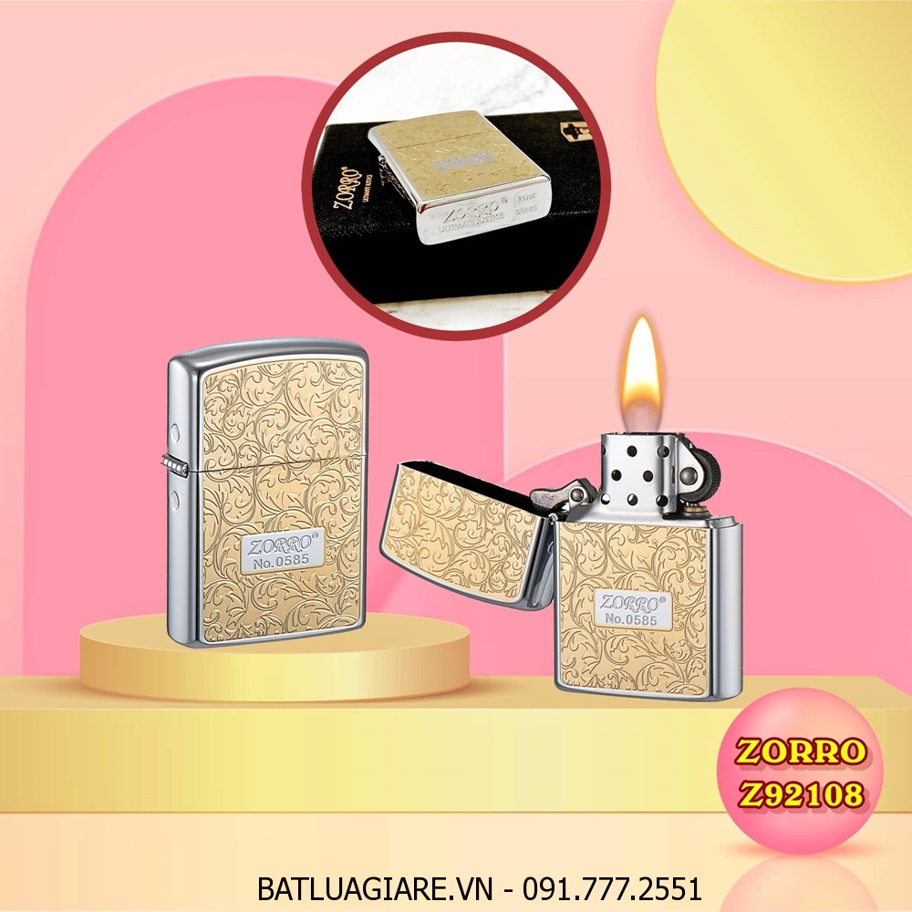BẬT LỬA ZIPPO ZORRO KHẮC HOA VĂN 2 MẶT VIỀN BẠC Z92108 (FULLBOX) - (XÀI XĂNG)