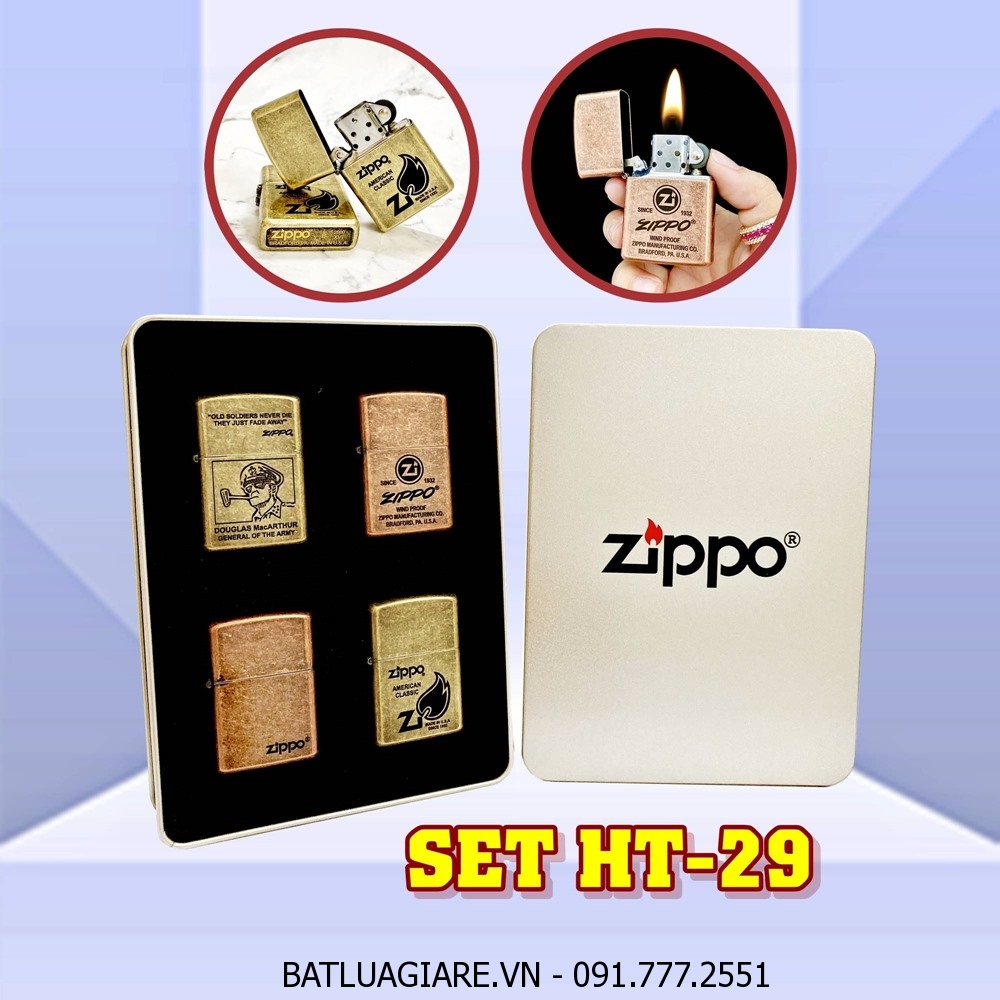 BỘ 4 BÂT LỬA ZIPPO VÀNG CỔ - ĐỒNG CỔ CÁC KIỂU - (XÀI XĂNG) SET HT-29