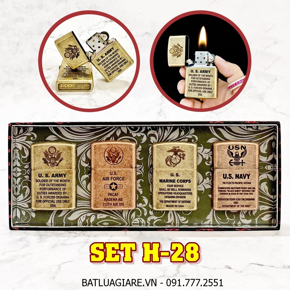 BỘ 4 BÂT LỬA ZIPPO VÀNG CỔ - ĐỒNG CỔ LOGO U.S CÁC KIỂU - (XÀI XĂNG) SET H-28