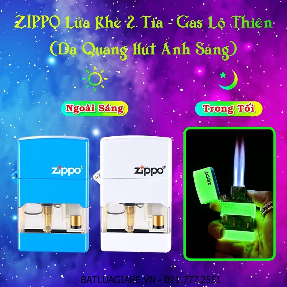 BẬT LỬA ZIPPO LỬA KHÈ 2 TIA - GAS LỘ THIÊN - DẠ QUANG HÚT ÁNH SÁNG - (XÀI GAS)