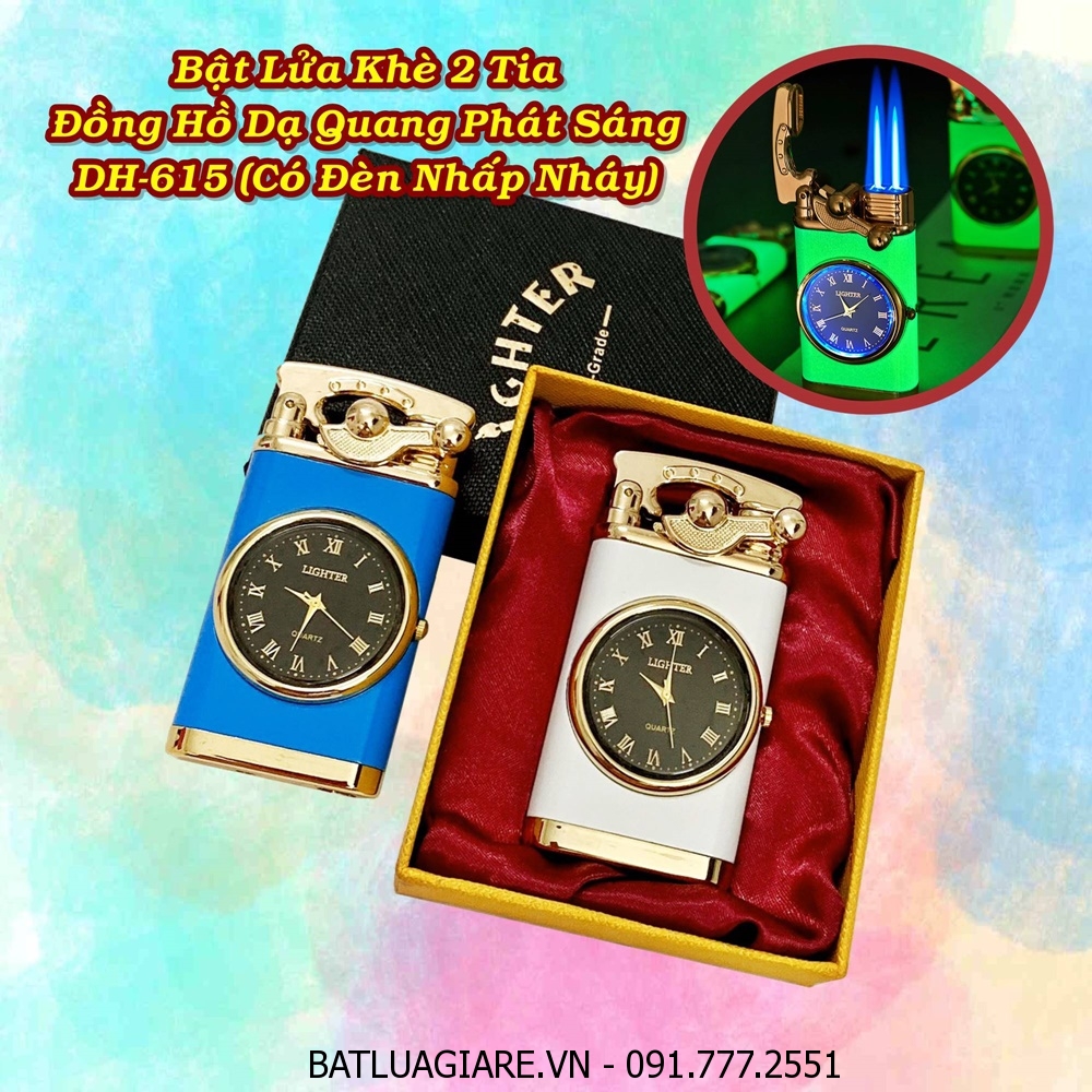 BẬT LỬA KHÈ 2 TIA ĐỒNG HỒ DẠ QUANG PHÁT ÁNH SÁNG TRONG TỐI DH-615 (CÓ ĐÈN NHẤP NHÁY) (CÓ HỘP) - (XÀI GAS)