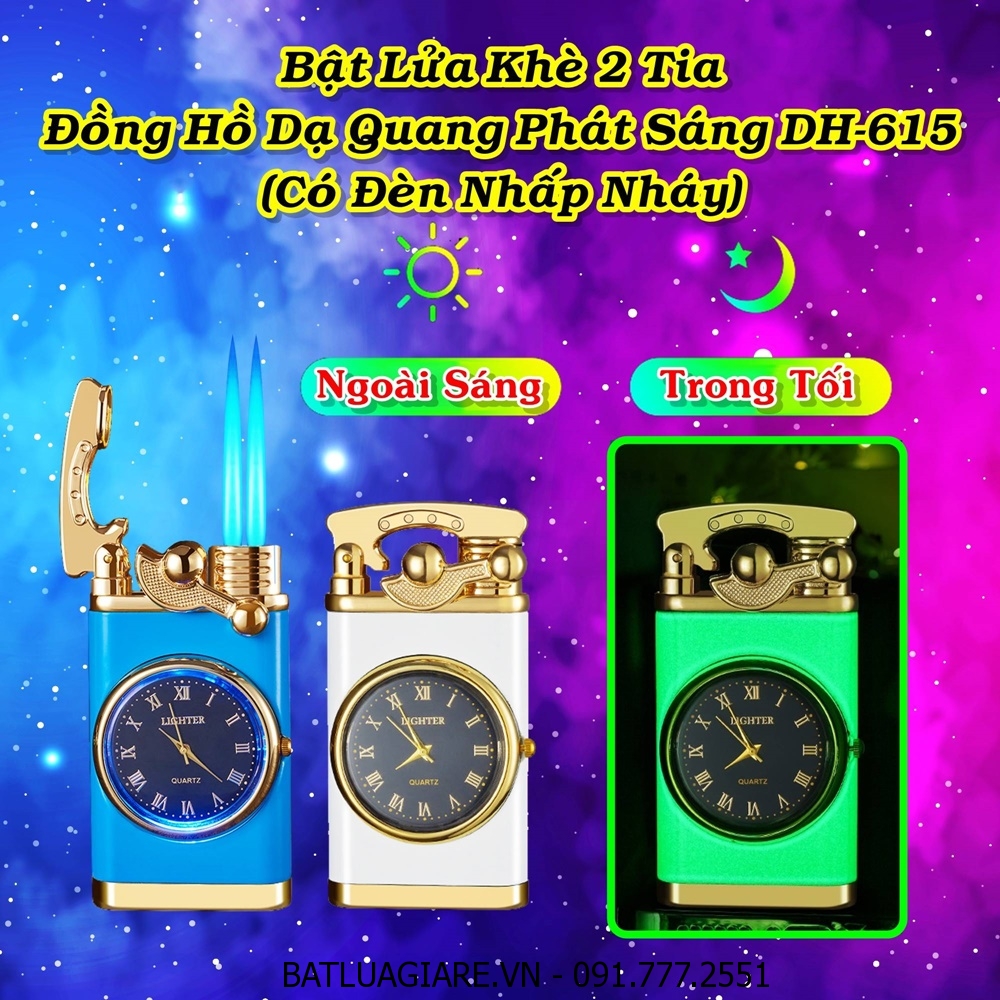 BẬT LỬA KHÈ 2 TIA ĐỒNG HỒ DẠ QUANG PHÁT ÁNH SÁNG TRONG TỐI DH-615 (CÓ ĐÈN NHẤP NHÁY) - (XÀI GAS)