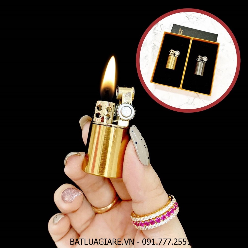 BẬT LỬA XĂNG ĐÁ CỔ HÌNH TRỤ MINI LÙN KIM LOẠI (CÓ CHẮN GIÓ) FULLBOX - (XÀI XĂNG)