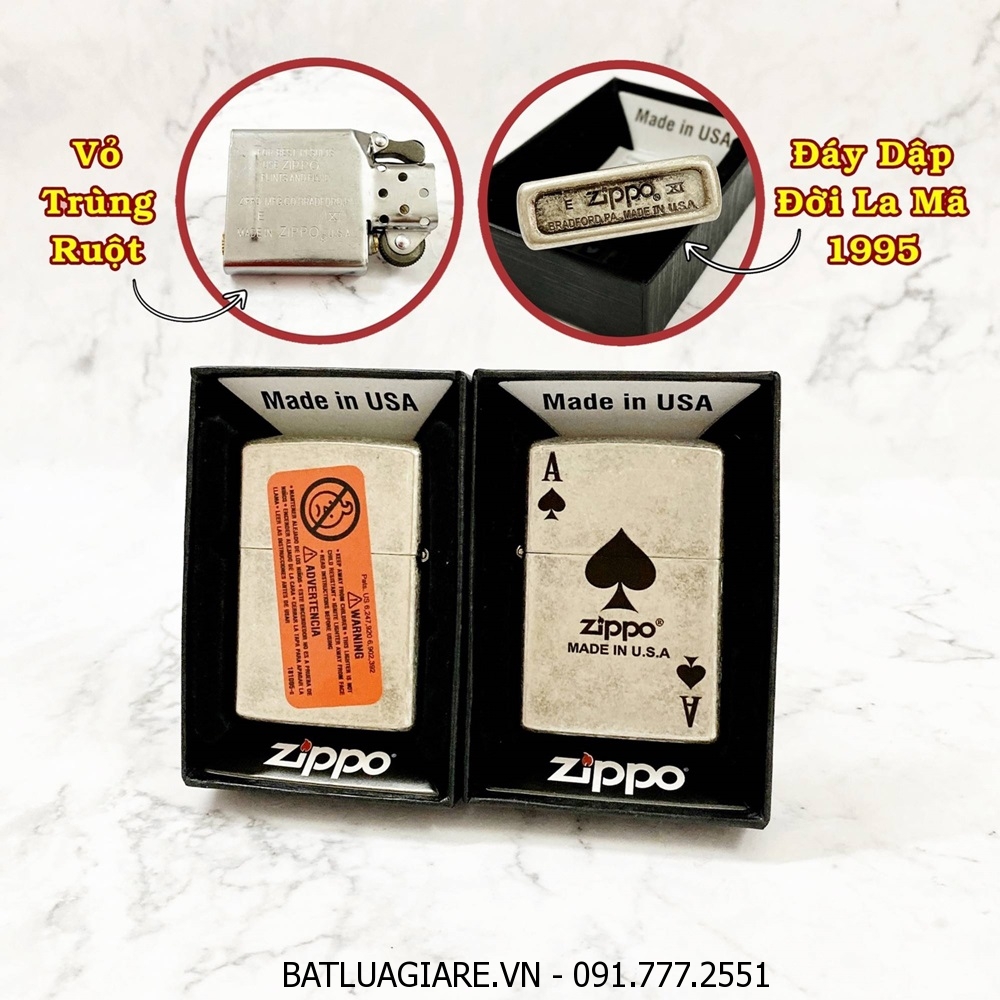 BẬT LỬA ZIPPO MỸ BẠC CỔ HÌNH LÁ BÀI ÁCH BÍCH - ĐỜI LA MÃ 1995 - RUỘT USA (CÓ TEM ĐỎ) - (XÀI XĂNG) #BẠC CỔ
