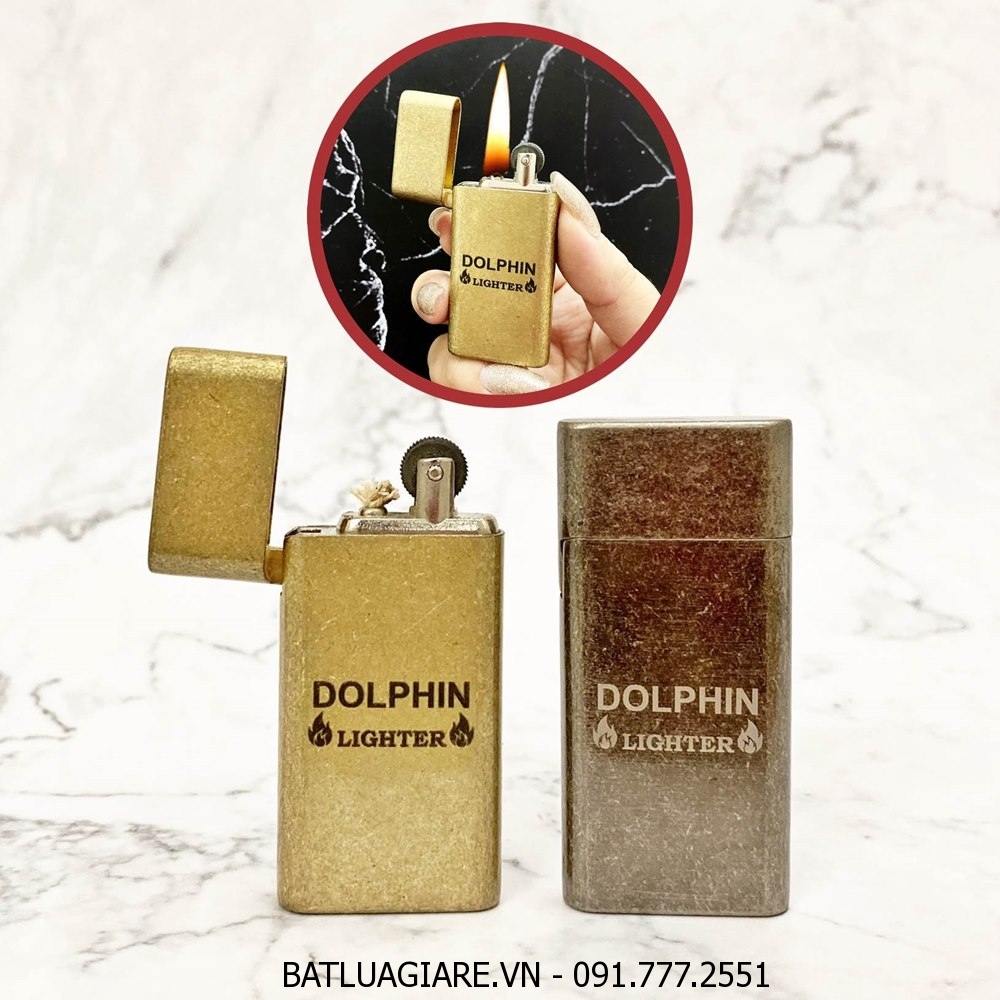 BẬT LỬA SLIM - DOLPHIN XĂNG ĐÁ CỔ 1 BÁNH XE VÀNG CỔ - (XÀI XĂNG)